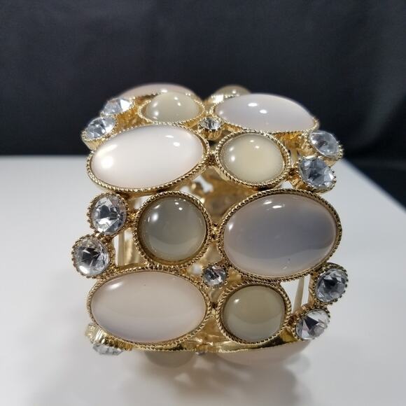Rhinestone Stretch Bracelet, Wide Frosty Cream, 8 Inches, Gold Tone - Picture 10 of 10